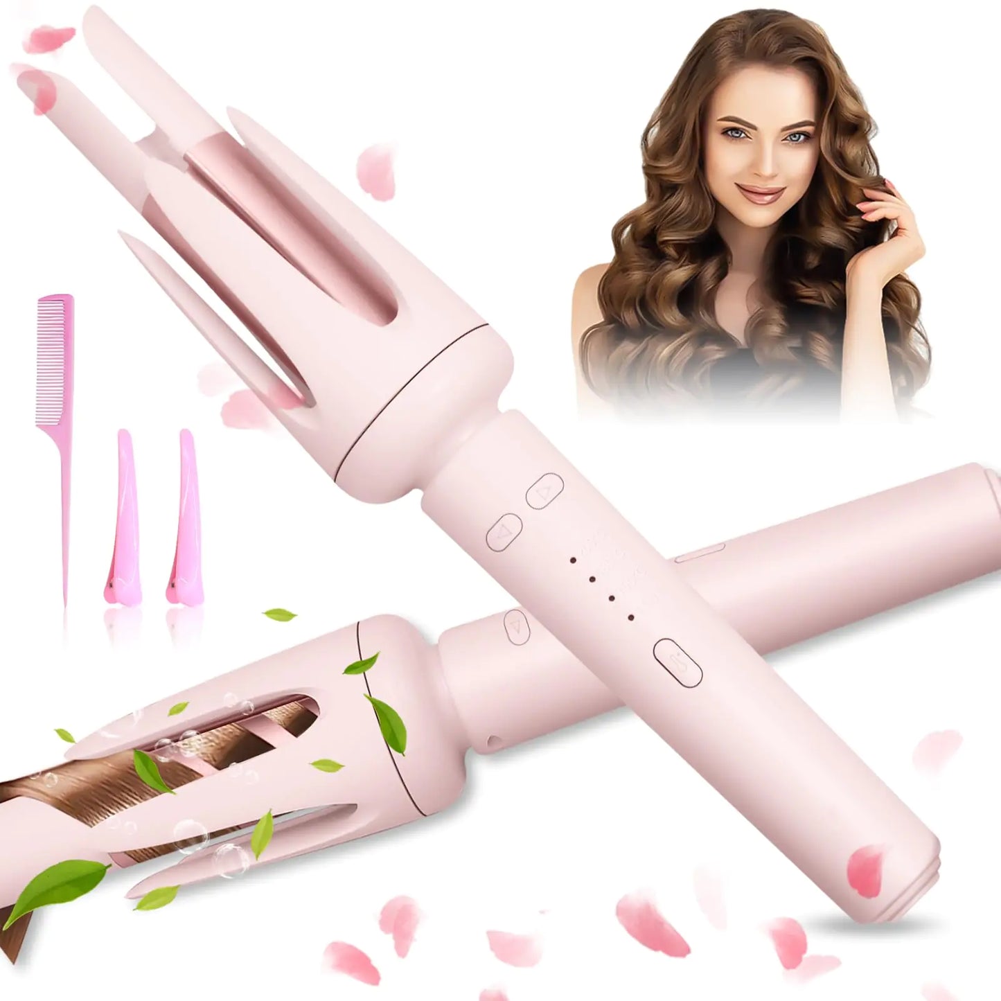 Auto Hair Curler Curling Wand for Long Hair Automatic Curling Iron with 3 Temperature Automatic Shut-Off Anti-Scald Anti-Tangle Rotating Curling Wand for Hair Styling Pink