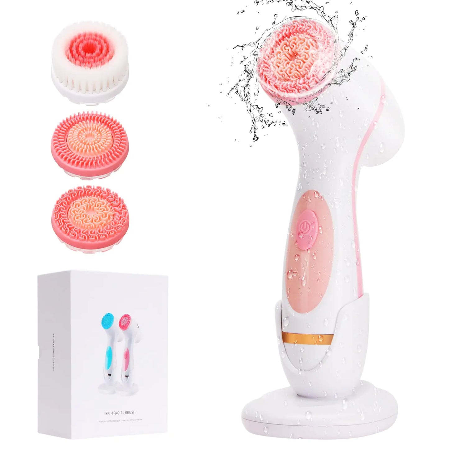 SINLOOG Facial Cleansing Brush 3 in 1 Electric Facial Cleansing Brush with 3 Brush Heads for Women/Men Waterproof Rechargeable Face Brushes for Dry Oily Sensitive Skin (Pink)