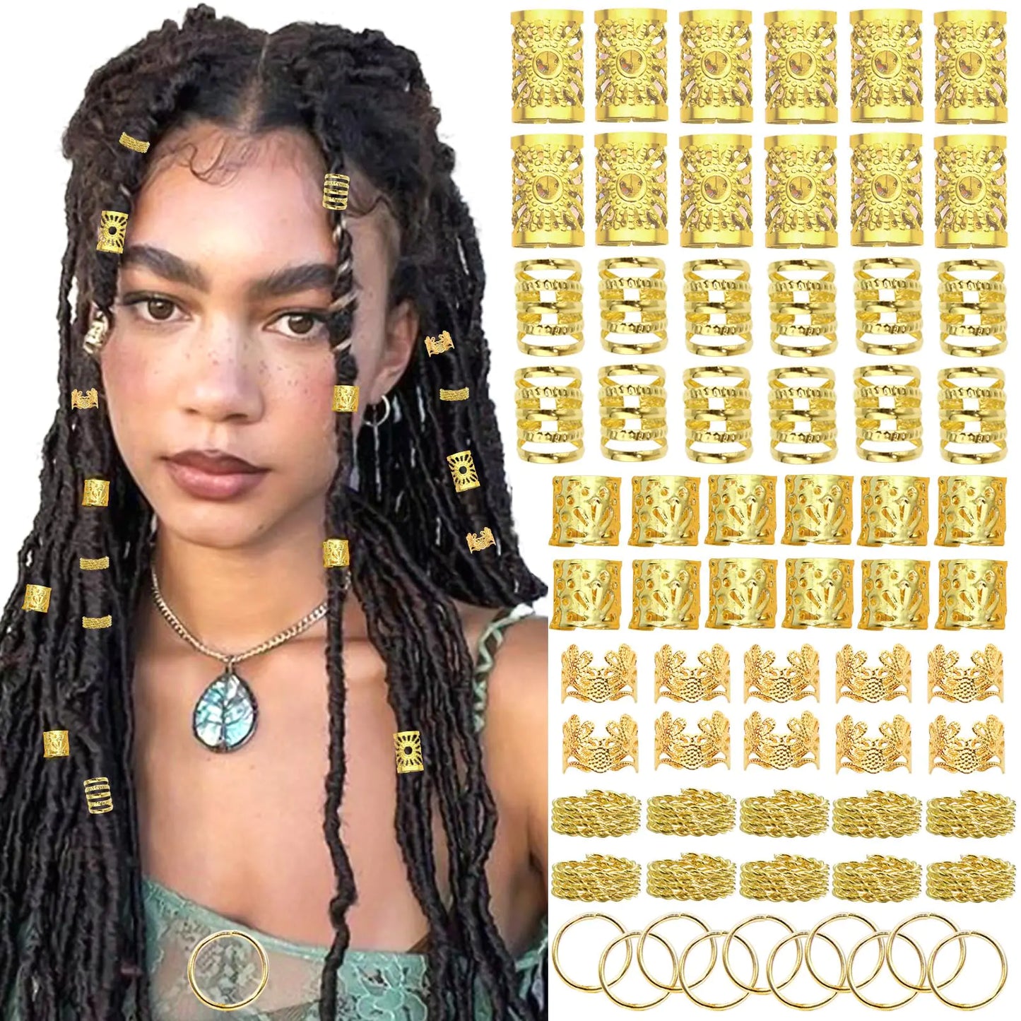 VENOFEN 120PCS Hair Cuffs Gold Hair Jewelry Loc Dreadlock Jewelry Metal Braids Clips Hair Rings for Locs Multi Style Hair Accessories for Women and Girls