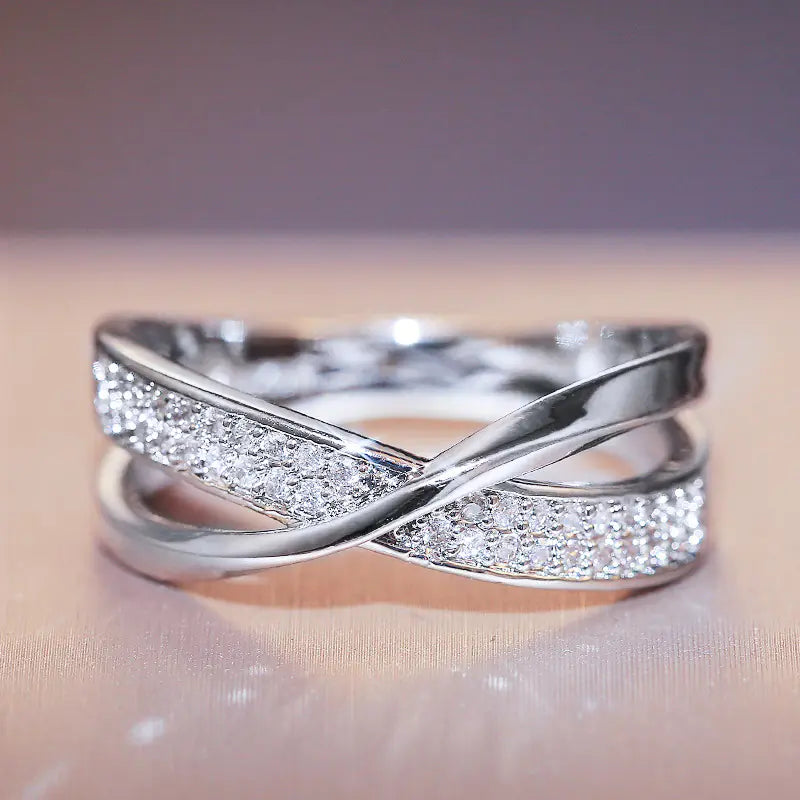 X-Shaped Two-Tone Zircon Copper Ring for Women