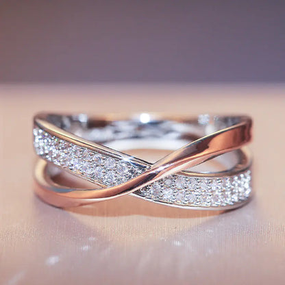 X-Shaped Two-Tone Zircon Copper Ring for Women